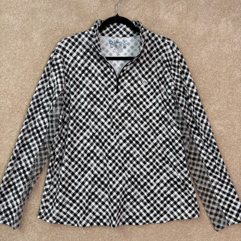 IBKUL Pullover Top Women's XXL Gingham Quarter Zip UPF 50+ Long Sleeve Shirt